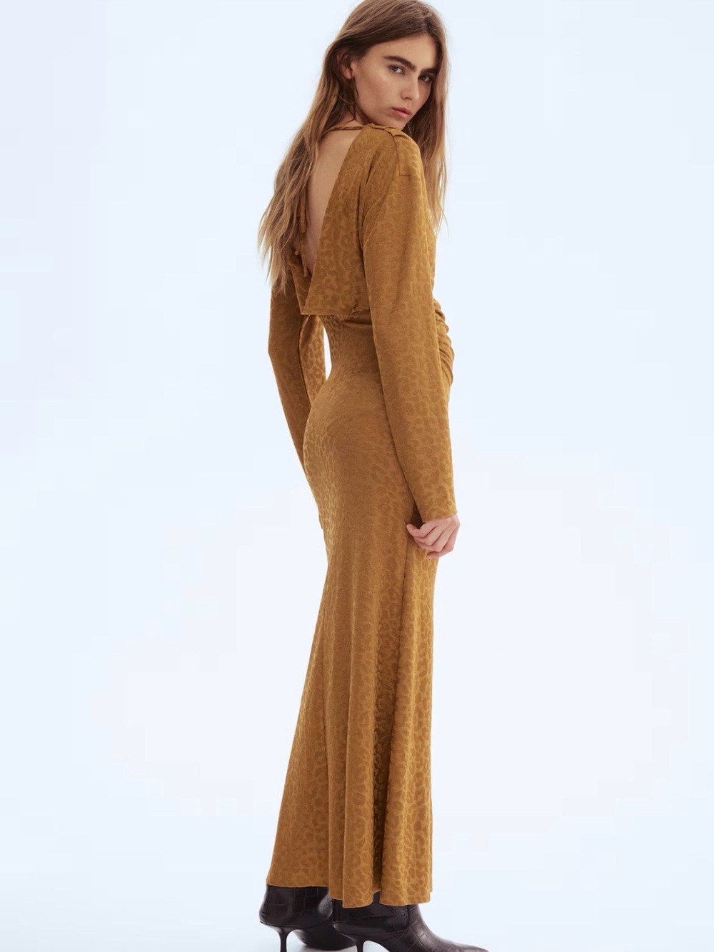 Long Sleeve Mustard Maxi Dress with Open Back Detail